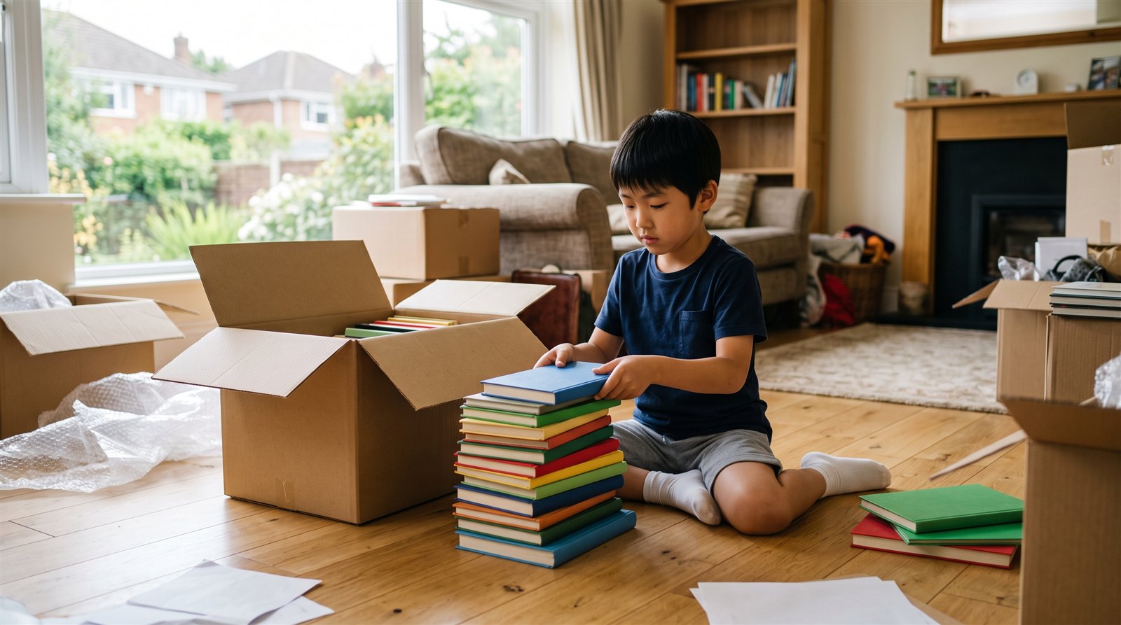 海外の家のリビングで引っ越しの段ボール箱から本を取り出して積み上げている小学生の男の子