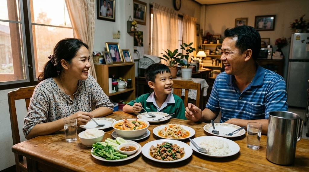 ครอบครัวชาวไทยสามคนนั่งกินข้าวเย็นและพูดคุยกันที่บ้านในแสงอุ่น