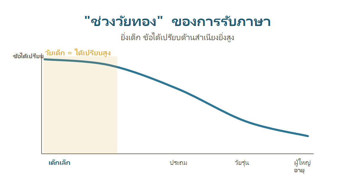 กราฟแสดงช่วงวัยทองของการรับภาษาที่เด็กเล็กออกเสียงภาษาญี่ปุ่นได้เป็นธรรมชาติกว่าเมื่อโต