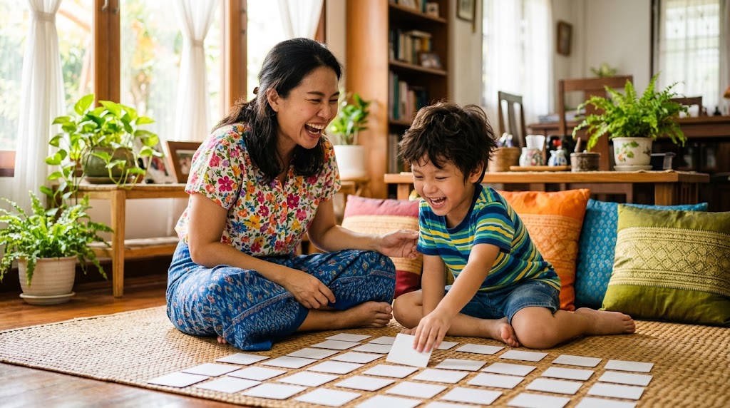 แม่ชาวไทยกับลูกชายเล่นเกมการ์ดตัวอักษรฮิรางานะบนพื้นห้องนั่งเล่นอย่างสนุกสนาน