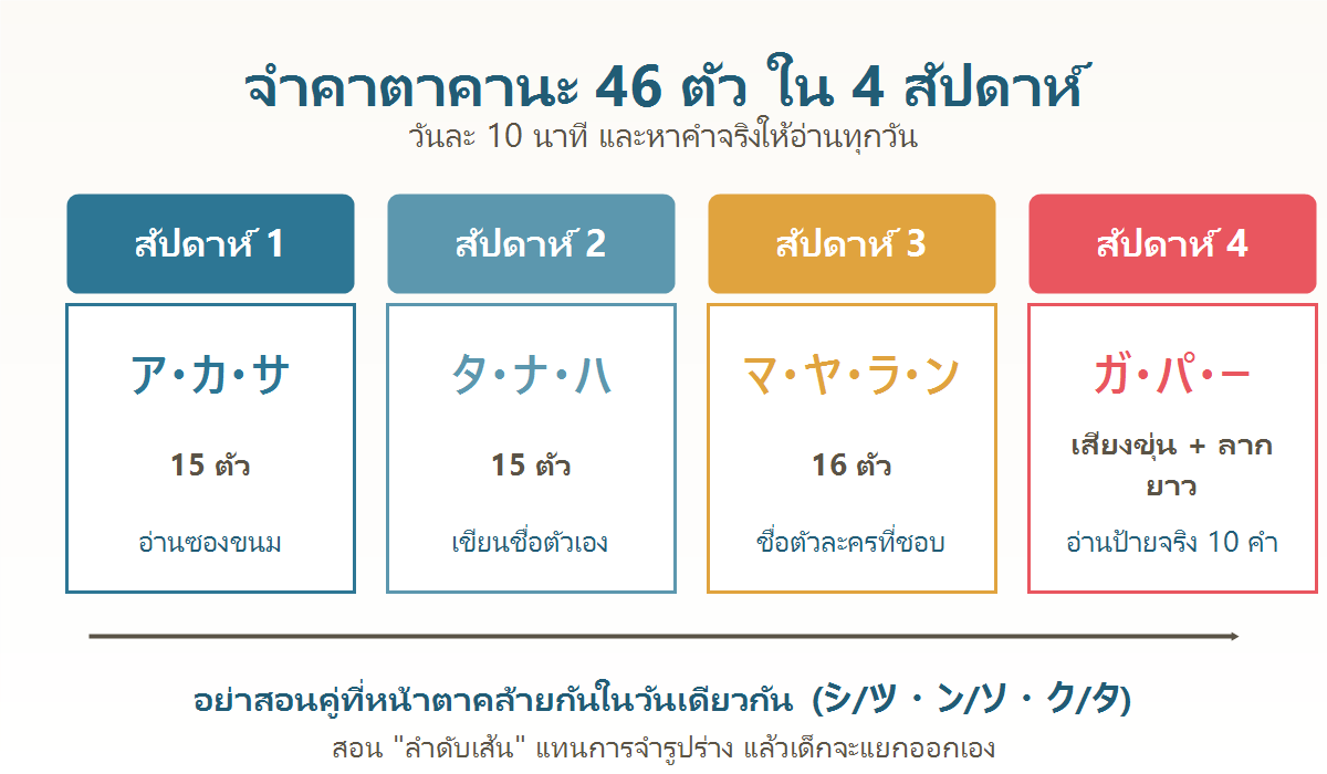แผนภาพแผนการเรียนคาตาคานะ 4 สัปดาห์สำหรับเด็ก วันละ 10 นาที