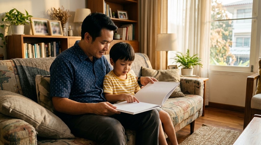 พ่อชาวไทยกับลูกชายนั่งอ่านหนังสือภาพด้วยกันบนโซฟาที่บ้านในแสงบ่าย