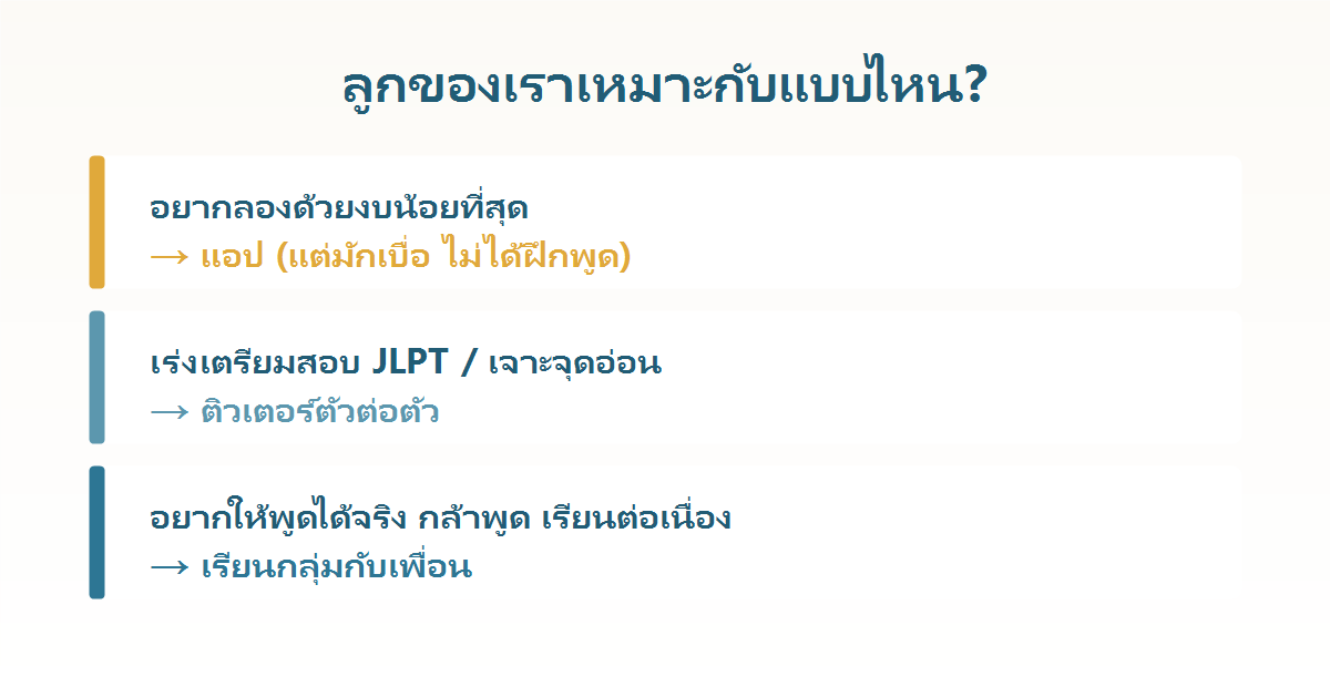 แนะนำว่าลูกแบบไหนเหมาะกับการเรียนภาษาญี่ปุ่นแบบแอป ตัวต่อตัว หรือกลุ่มเพื่อน