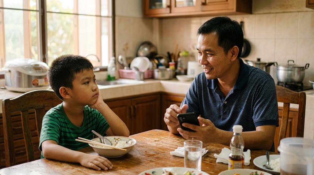 พ่อชาวไทยกับลูกชายดูคลิปสอนภาษาญี่ปุ่นฟรีบนโทรศัพท์ที่โต๊ะอาหาร โดยเด็กเริ่มเบนความสนใจไปทางอื่น