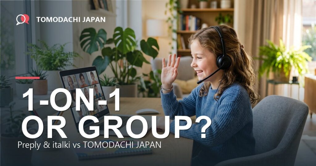 Girl waving at a group video lesson — 1-on-1 vs group Japanese for kids
