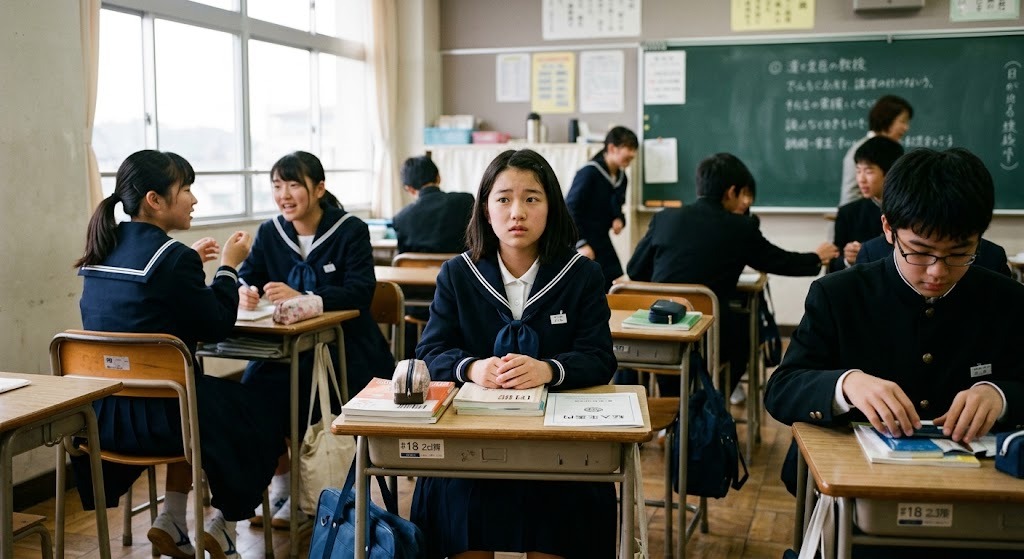 日本の公立中学校の教室で、海外から転入してきたばかりの制服姿の女子中学生が少し緊張した表情で席に座っている場面