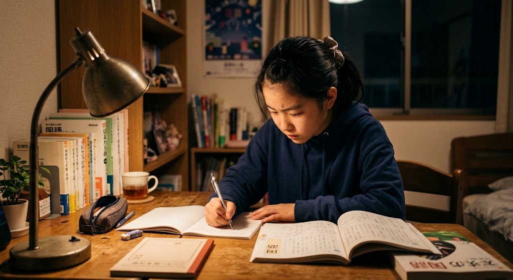 日本の自宅の勉強机で、デスクライトの下、国語の教科書とノートを広げて集中して取り組む中学生の女の子