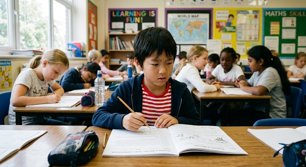 海外の現地小学校の教室で、英語のワークシートを前に困った表情で鉛筆を握る日本人の小学生の男の子