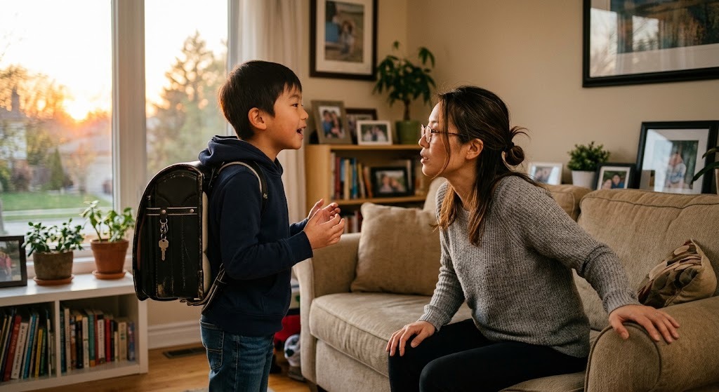 海外の自宅リビングで、学校から帰ってきた日本人の男の子の話に母親が身をかがめて耳を傾けている場面
