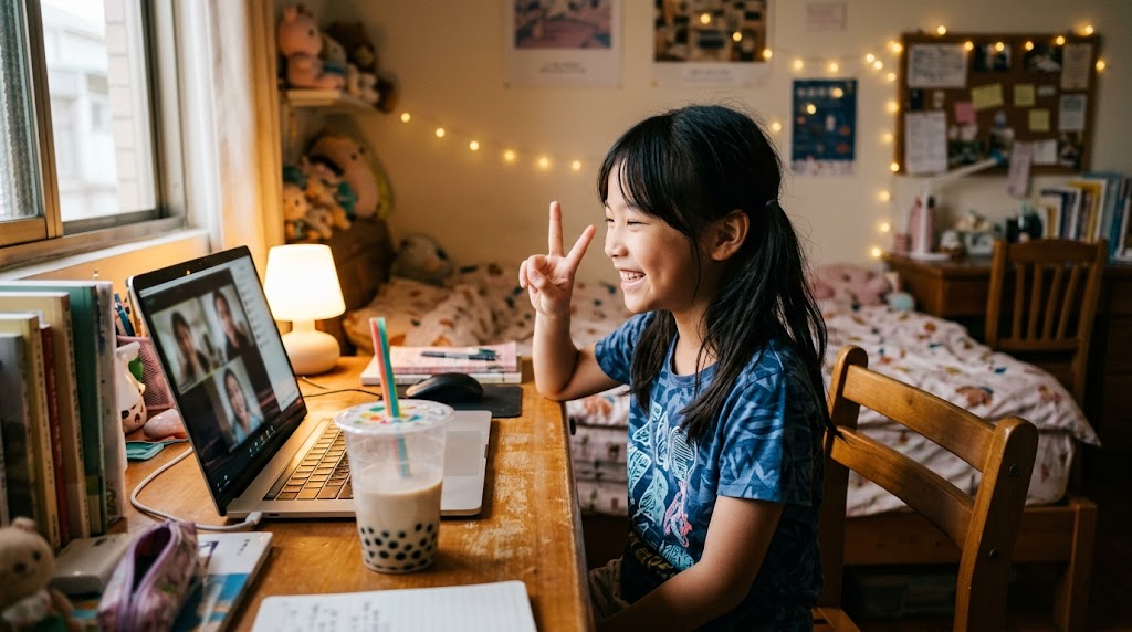 台灣小女孩在視訊裡開心地和日本朋友聊天
