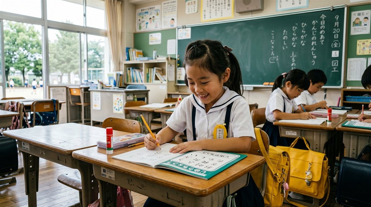 日本の小学校の教室で、机に座りノートに鉛筆で字を書きながら楽しそうに学ぶ女の子。一時帰国の体験入学のイメージ