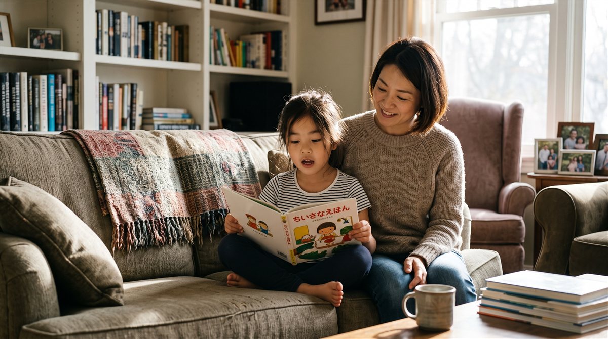 海外の子ども部屋でヘッドセットをつけ、日本の先生や同世代の友達とオンラインで日本語を話す男の子。壁に日本語の五十音表