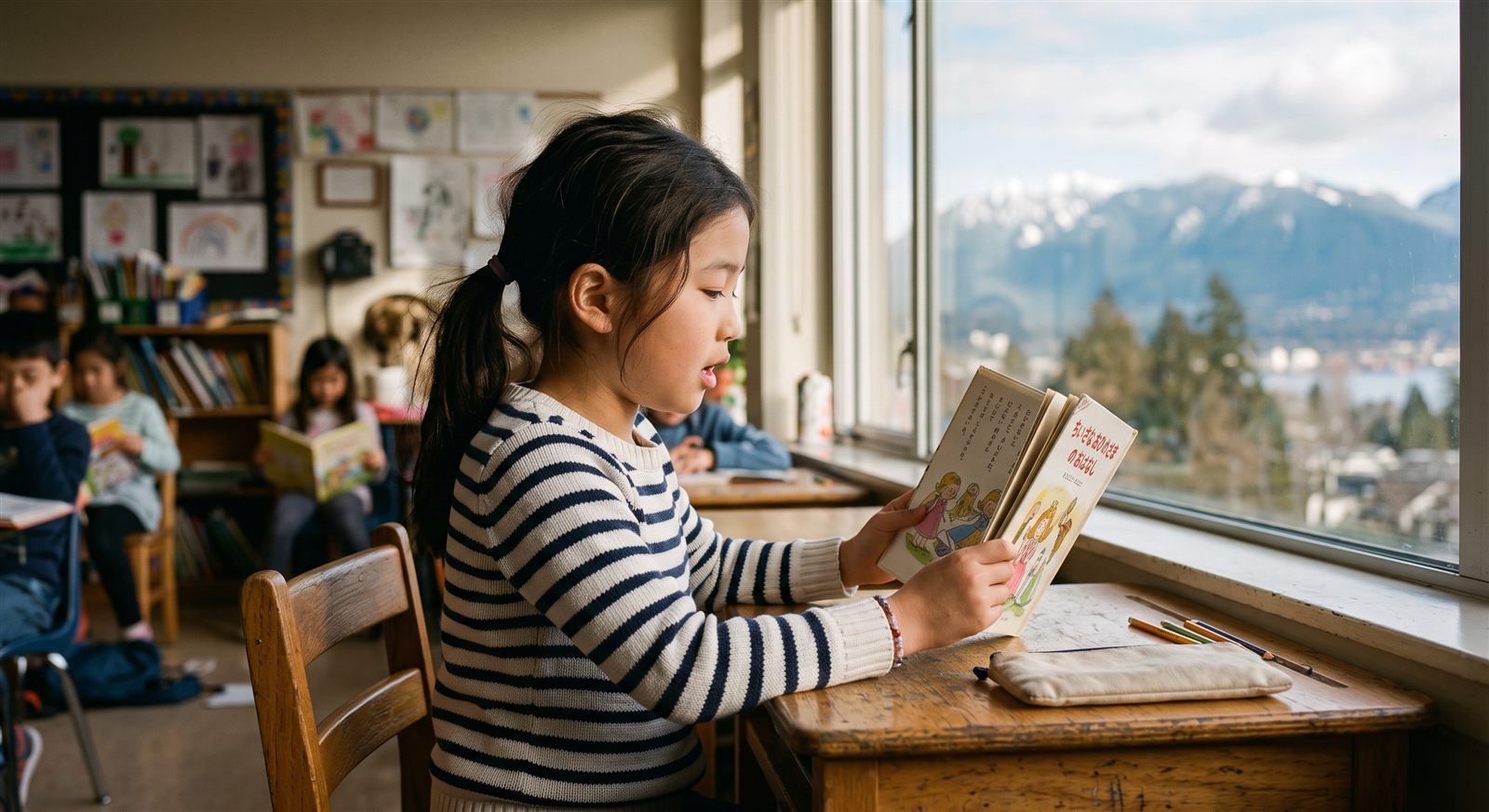 A Japanese-Canadian child writing Japanese at a Saturday school desk in Vancouver
