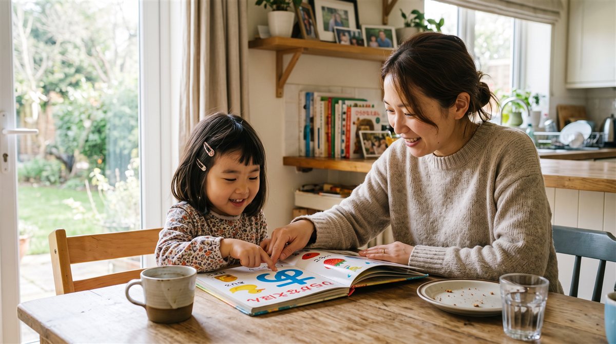 海外の家庭で日本語の絵本を親子で読む様子。継承語の日本語を年齢に合わせて育てるイメージ