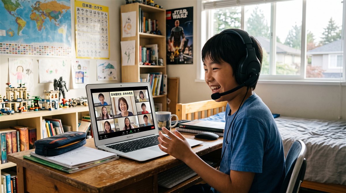 海外の子ども部屋でヘッドセットをつけ、日本の先生や同世代の友達とオンラインで日本語を話す子ども
