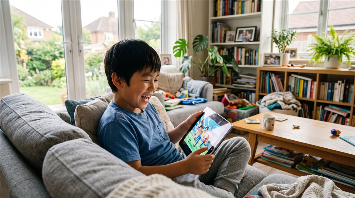 海外の子ども部屋でヘッドセットをつけ、日本の同世代の友達とオンラインで楽しそうに日本語で話す子ども