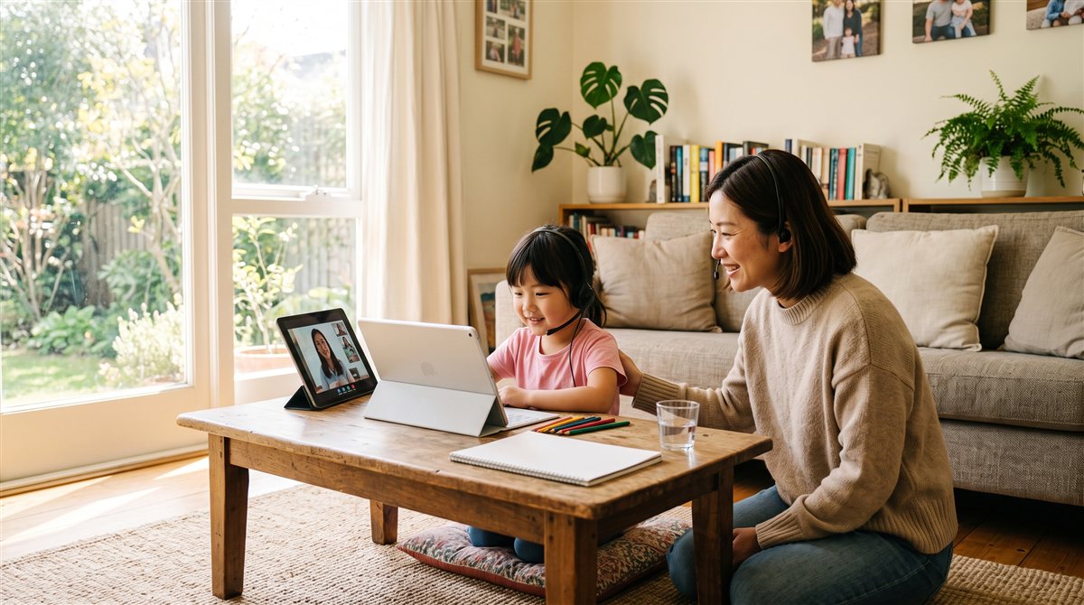 海外の家庭でタブレットやパソコンでオンライン日本語レッスンを受ける小さな子ども