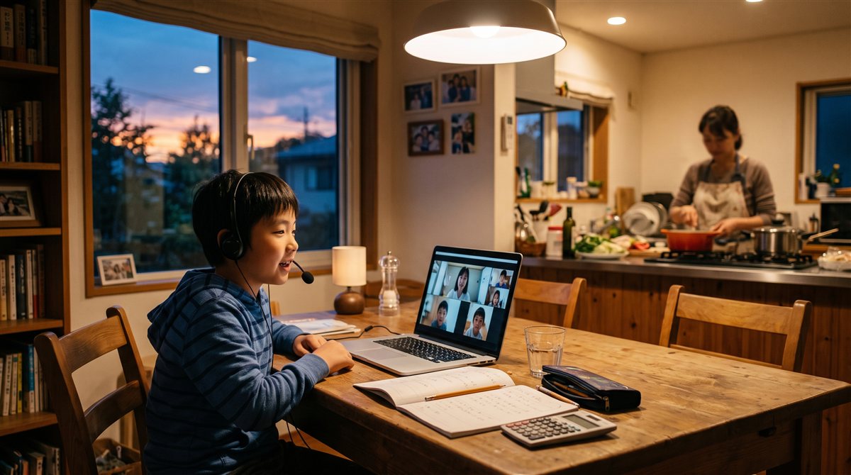 海外の子ども部屋でヘッドセットをつけ、オンラインで同世代の友達と楽しそうに日本語を話す子ども