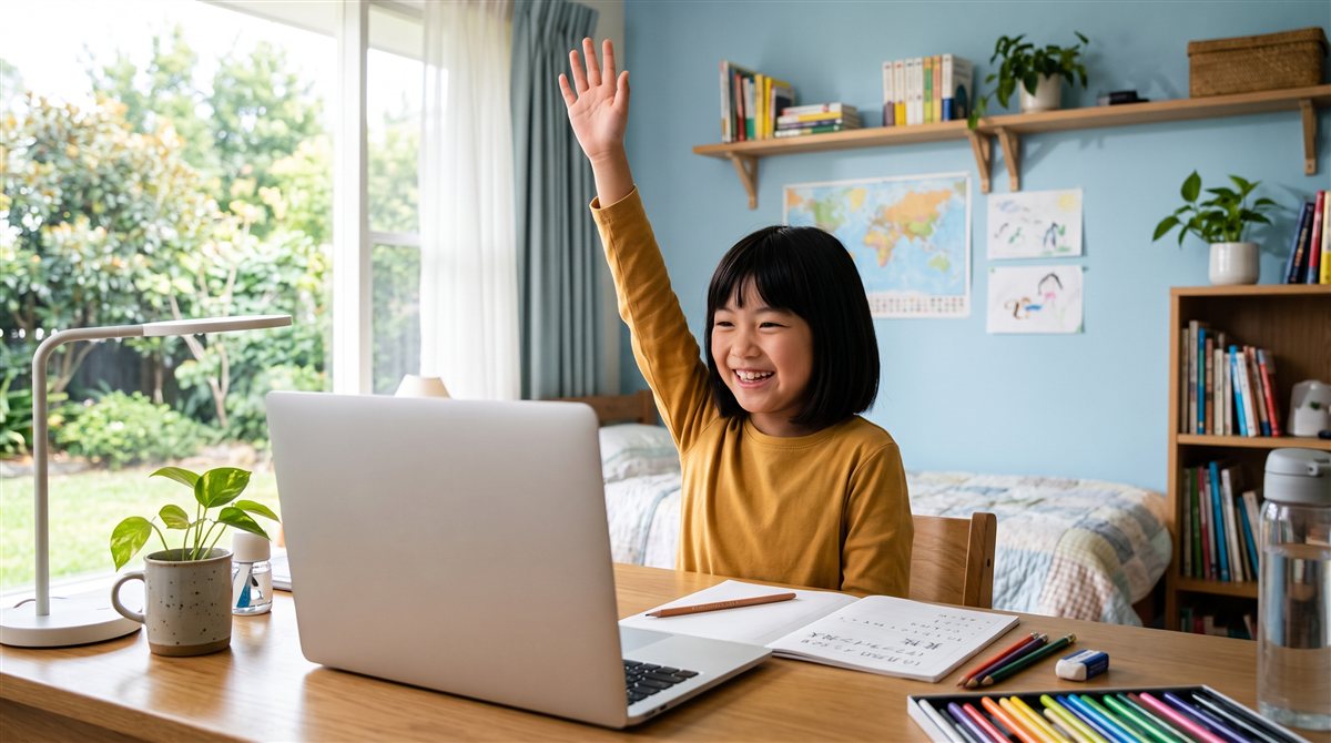 海外の子ども部屋でヘッドセットをつけ、日本の先生や同世代の友達とオンラインで日本語を学ぶ子ども