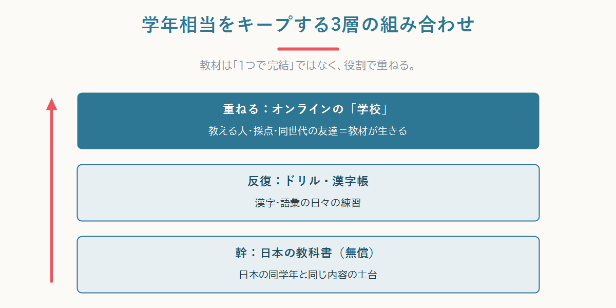 日本の教科書を土台に、ドリルで反復、オンラインの学校で教える人と友達を足す3層の組み合わせの図