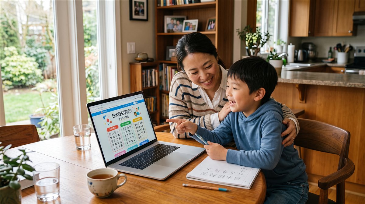 海外の家庭で日本の教科書やドリルを開いて学ぶ子ども。駐在中の日本語教材のイメージ