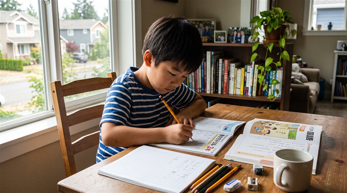 東南アジアの高層マンションでオンライン授業を受けながら日本の教科書で学ぶ子ども
