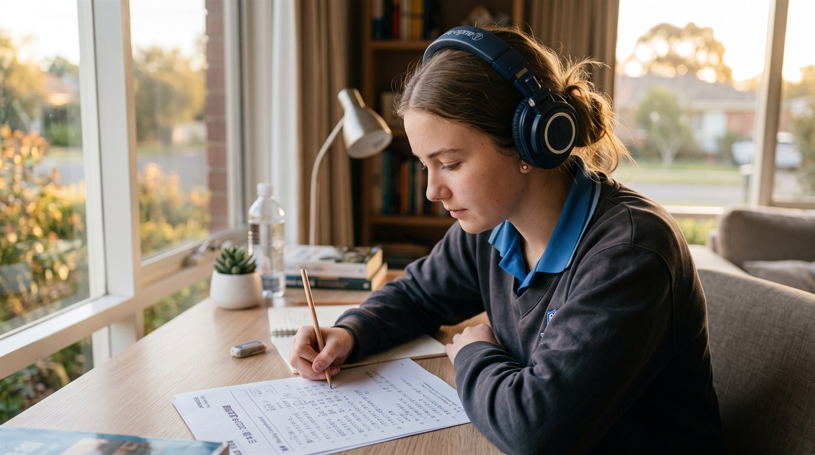 A Year 12 student works through a past Japanese exam paper with headphones on at a desk