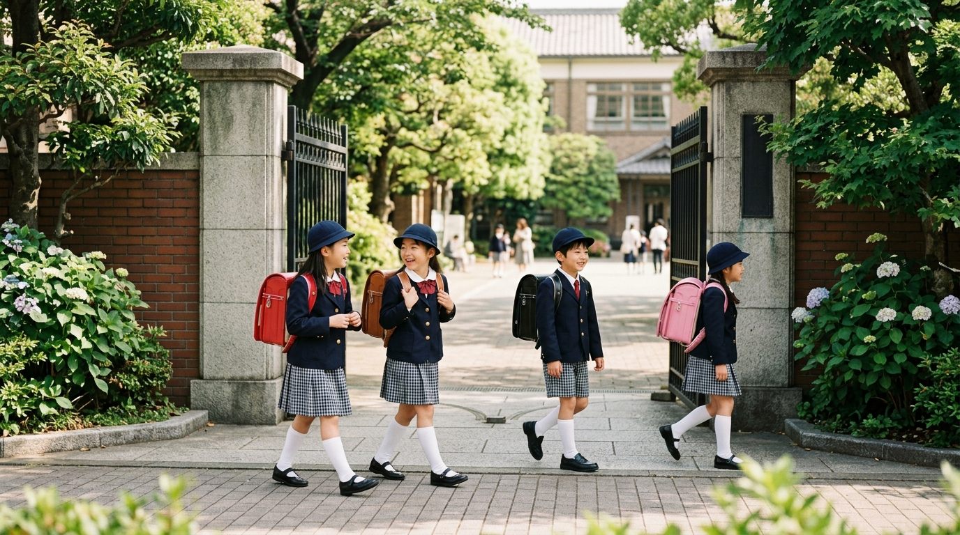 東京の私立小学校の校門前でランドセルを背負って登校する小学生たち