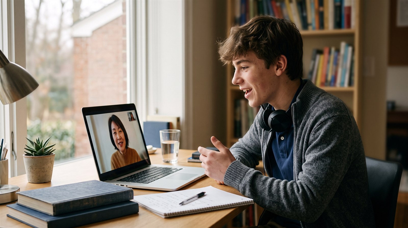 A student practises spoken Japanese with a teacher on a laptop screen before the oral exam