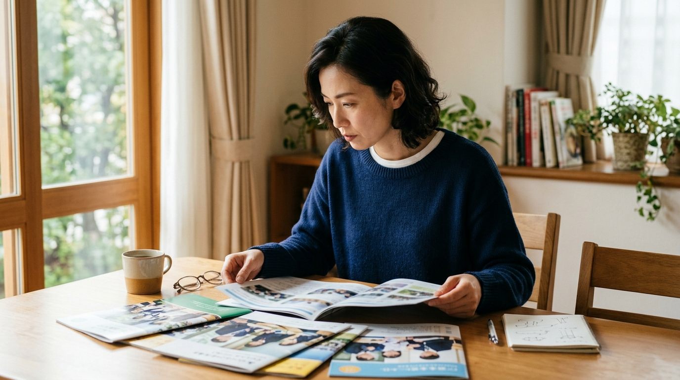 ダイニングテーブルに複数の学校パンフレットを広げて見比べる保護者
