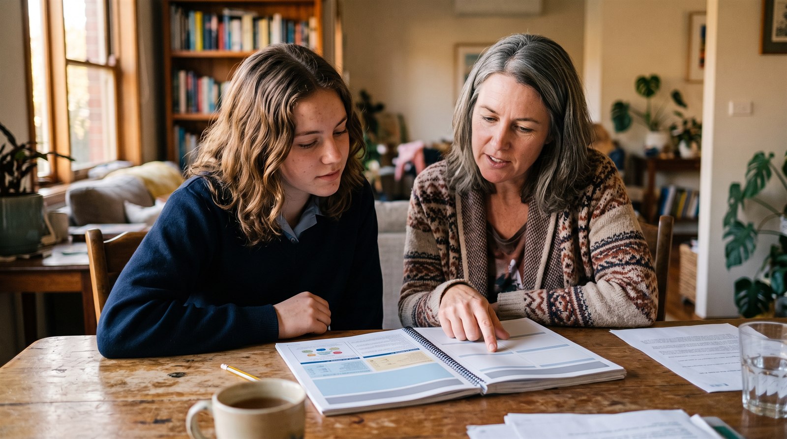 A Year 11 student and a parent read a course selection handbook together at home