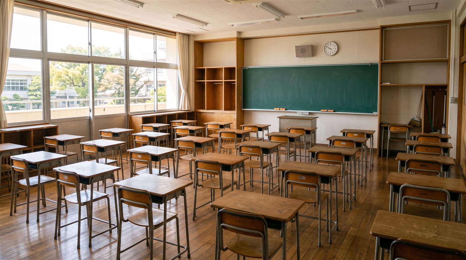 午前の光が差し込む日本の公立小学校の誰もいない教室と黒板