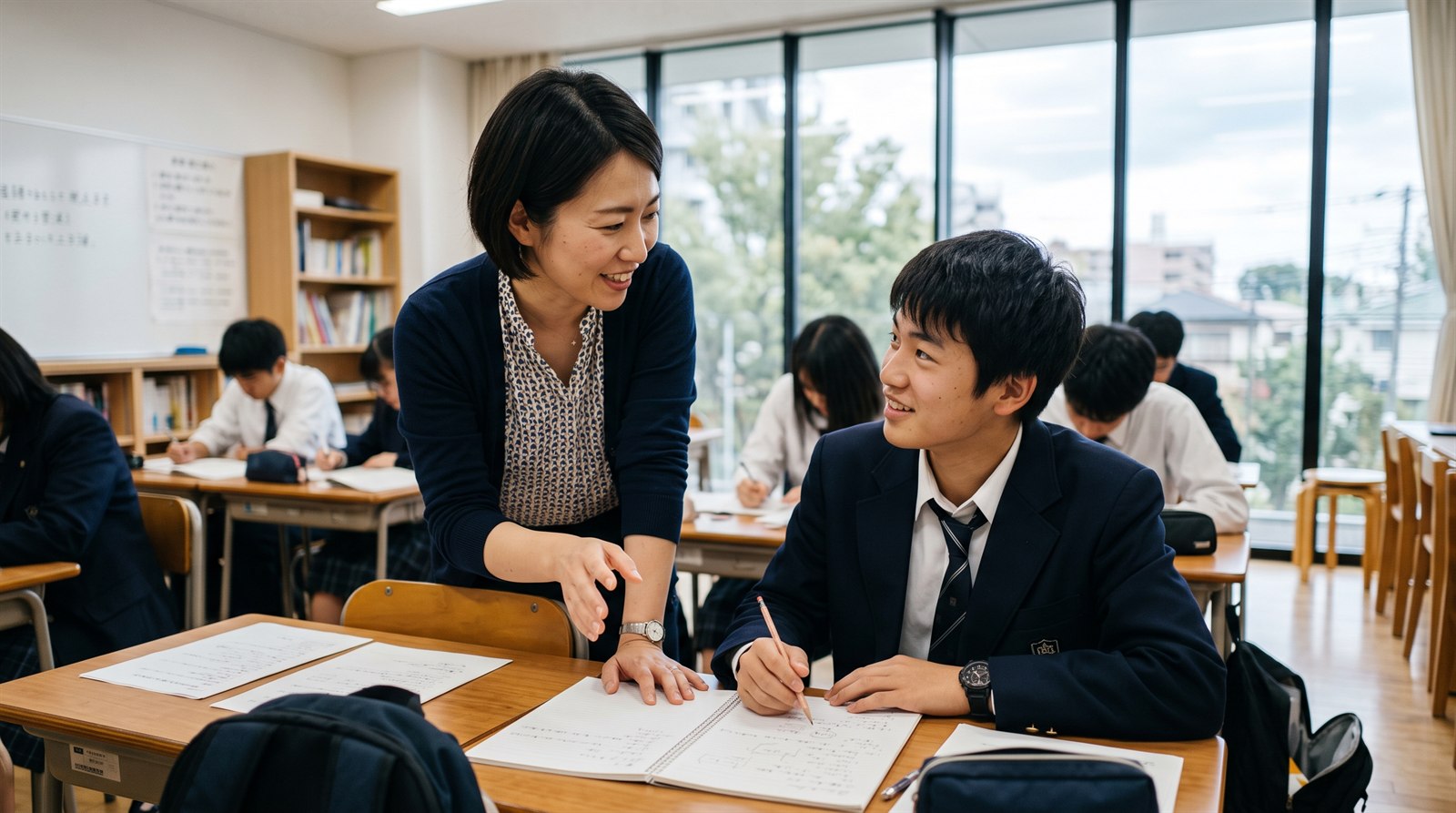 A Japanese teacher explains a grammar point to a senior student in a bright classroom