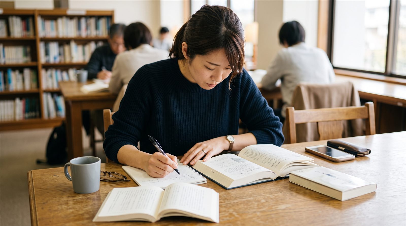 図書館の机で本とノートを広げて調べ物をしている保護者