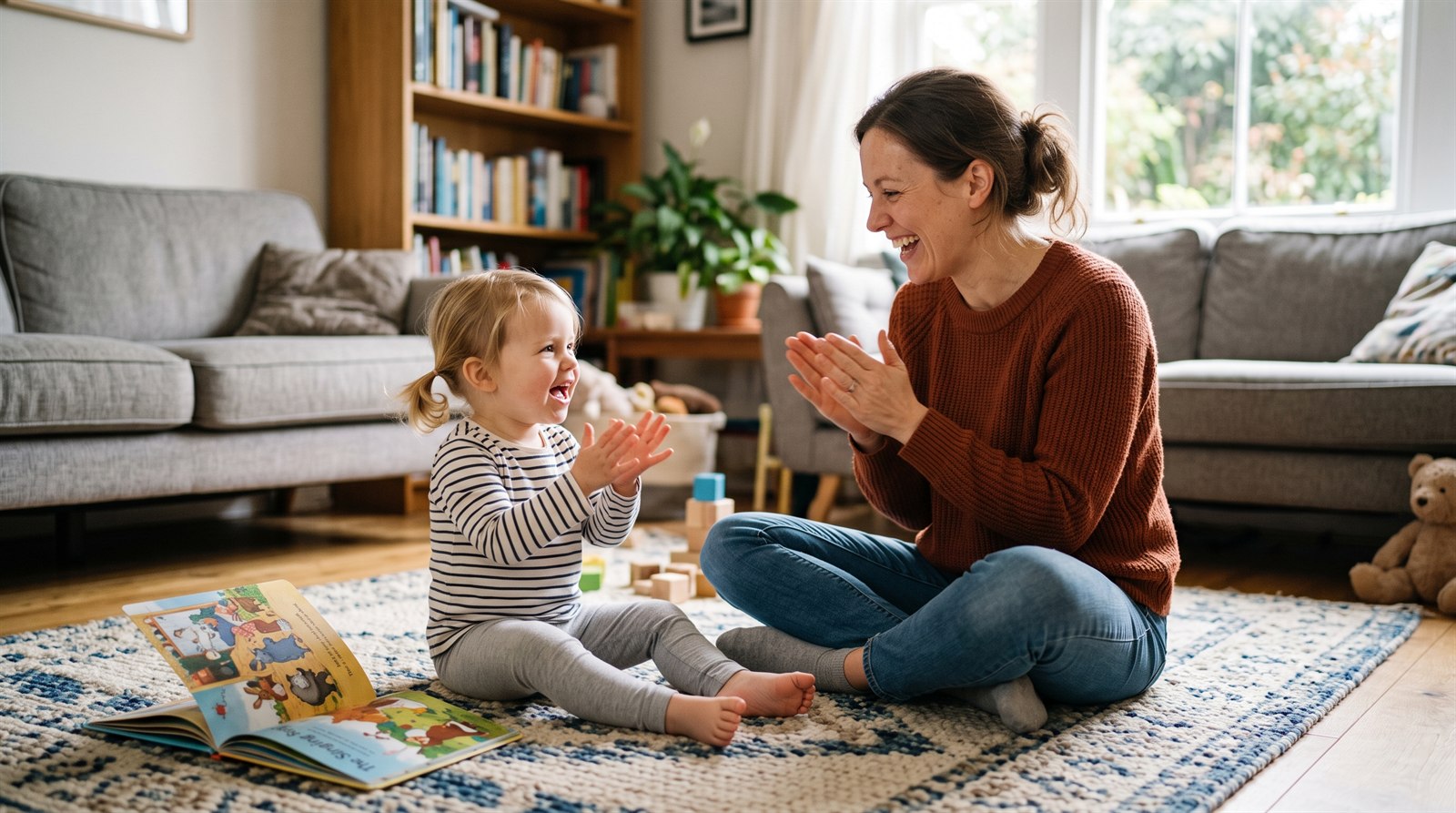 A toddler and a parent sing along to a Japanese song together on a living room rug