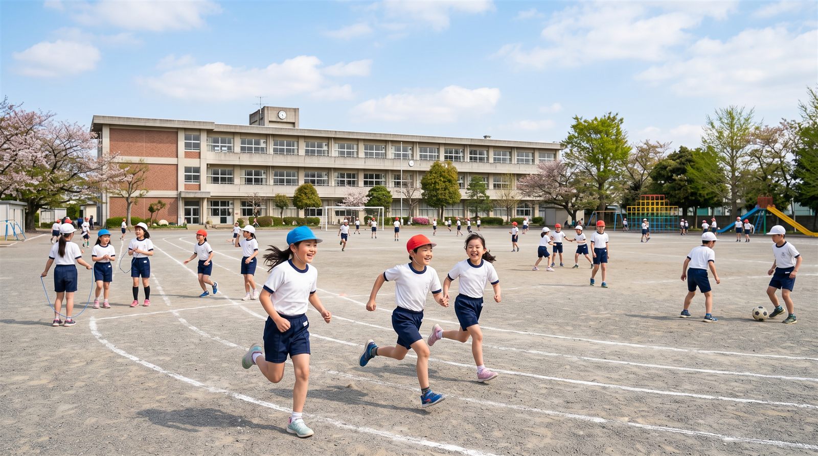 日本の小学校の校庭で休み時間に元気に走り回って遊ぶ児童たち