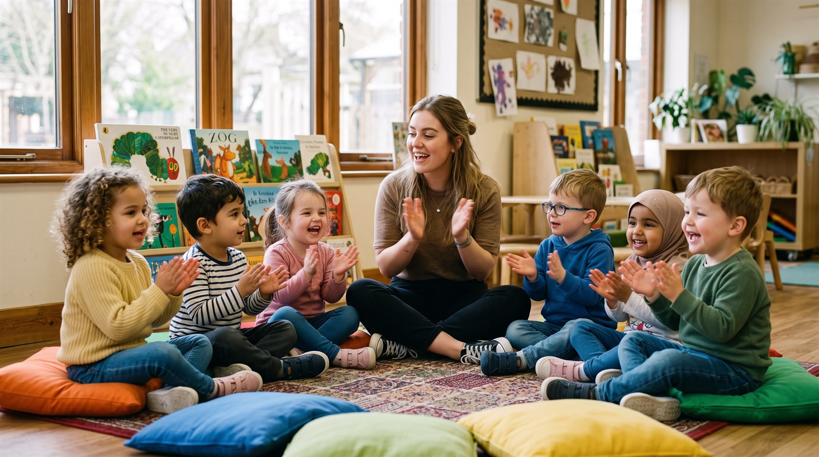 Young children sit in a circle with a teacher during a Japanese playgroup session