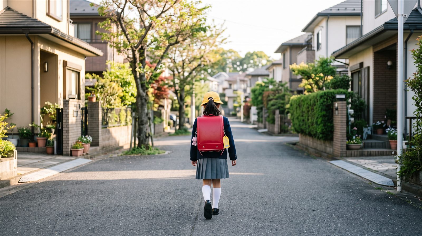 ランドセルを背負った小学校低学年の子どもが朝の通学路を歩く後ろ姿