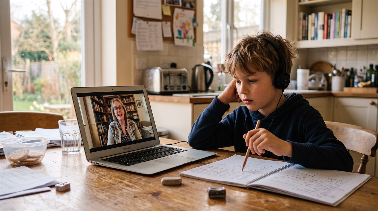 A boy has a one to one Japanese video lesson with a tutor at a kitchen table