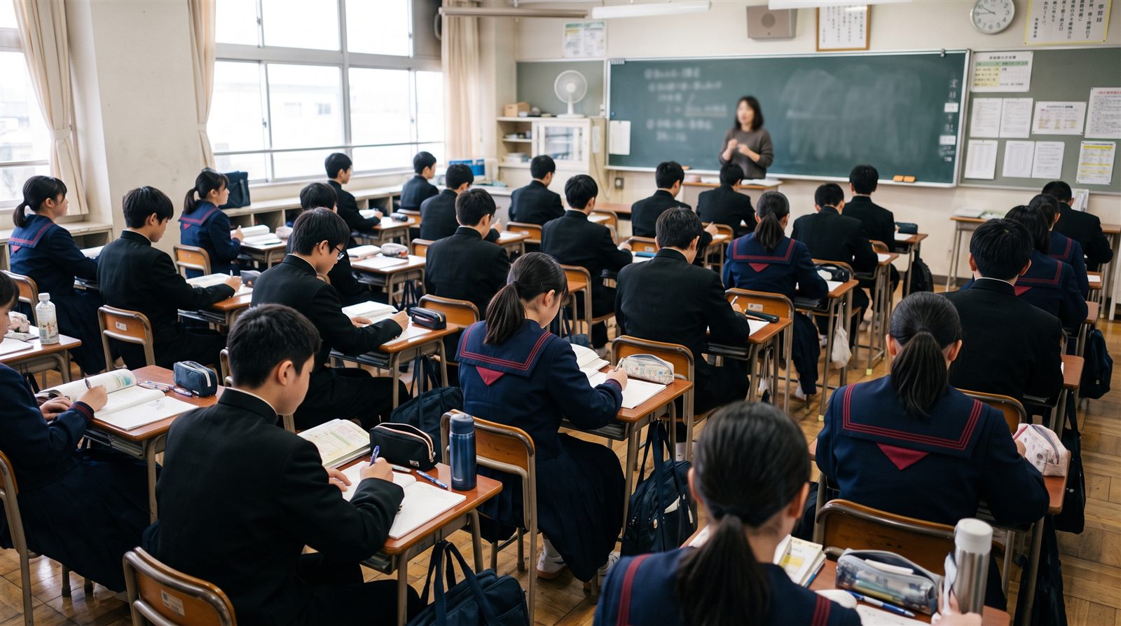 日本の中学校の教室で制服姿の生徒たちが真剣に授業を受けている様子