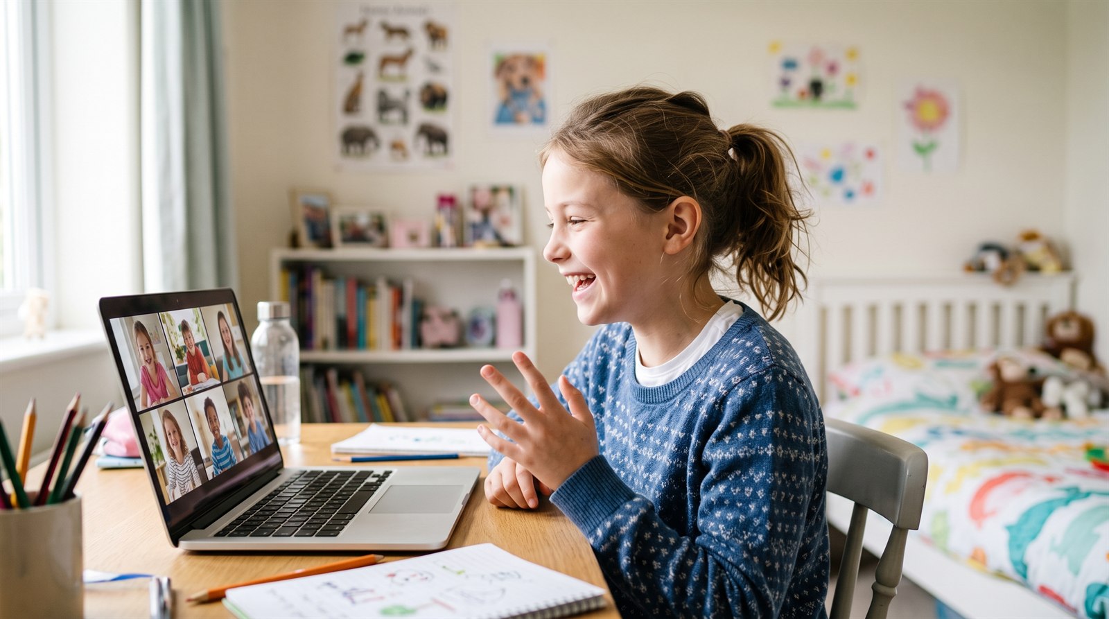 Several children talk and laugh together during a small group online Japanese class