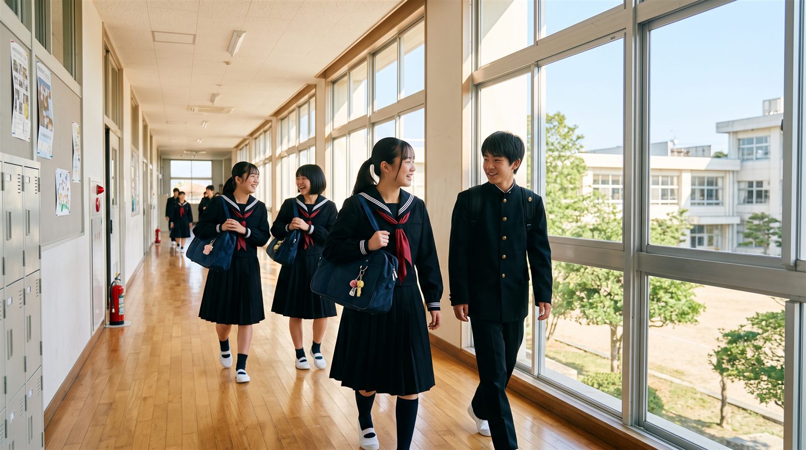日本の中学校の明るい廊下を制服姿の中学生数人が歩いている