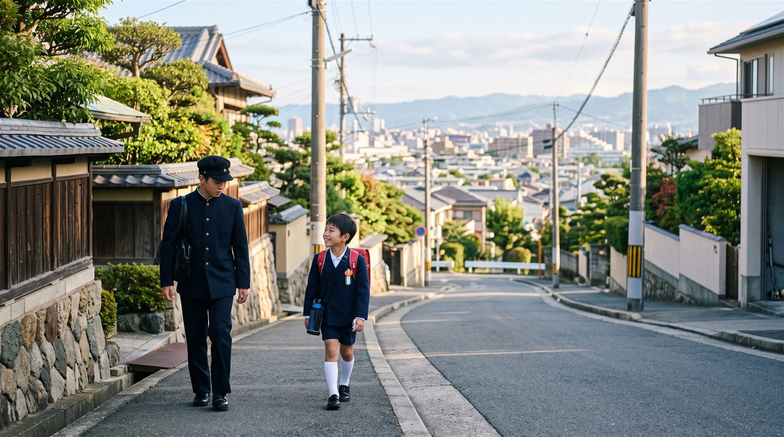 大阪の住宅街を小学生と中学生の兄弟が並んで登校している朝の風景