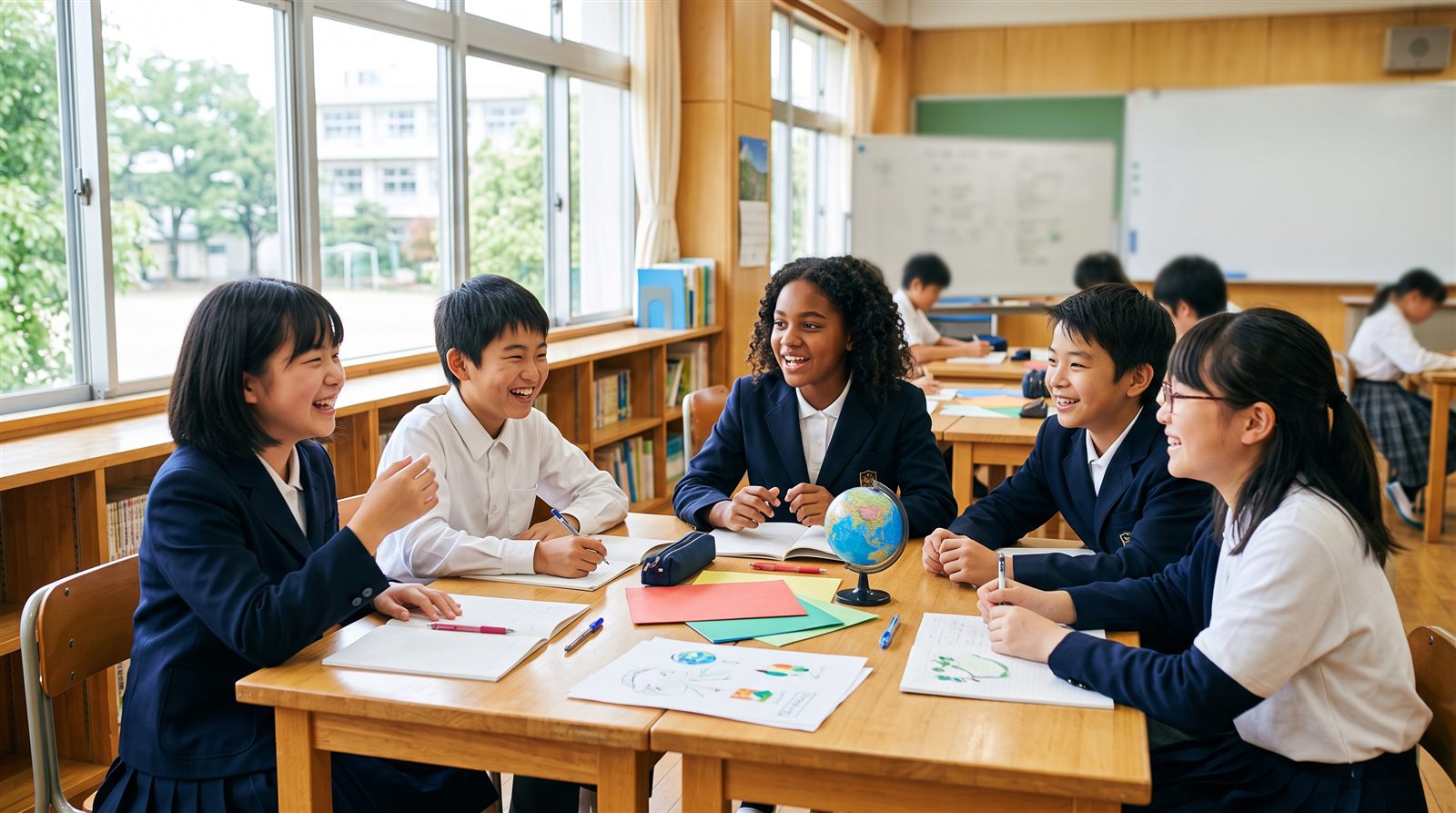 明るい教室で日本人と海外ルーツの子どもたちが机を囲んで話し合う様子