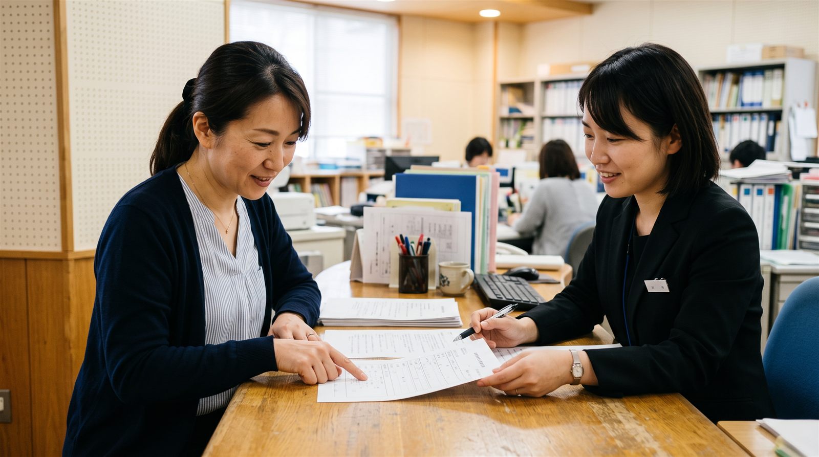 学校の事務室の受付カウンターで保護者と職員が書類を一緒に確認している