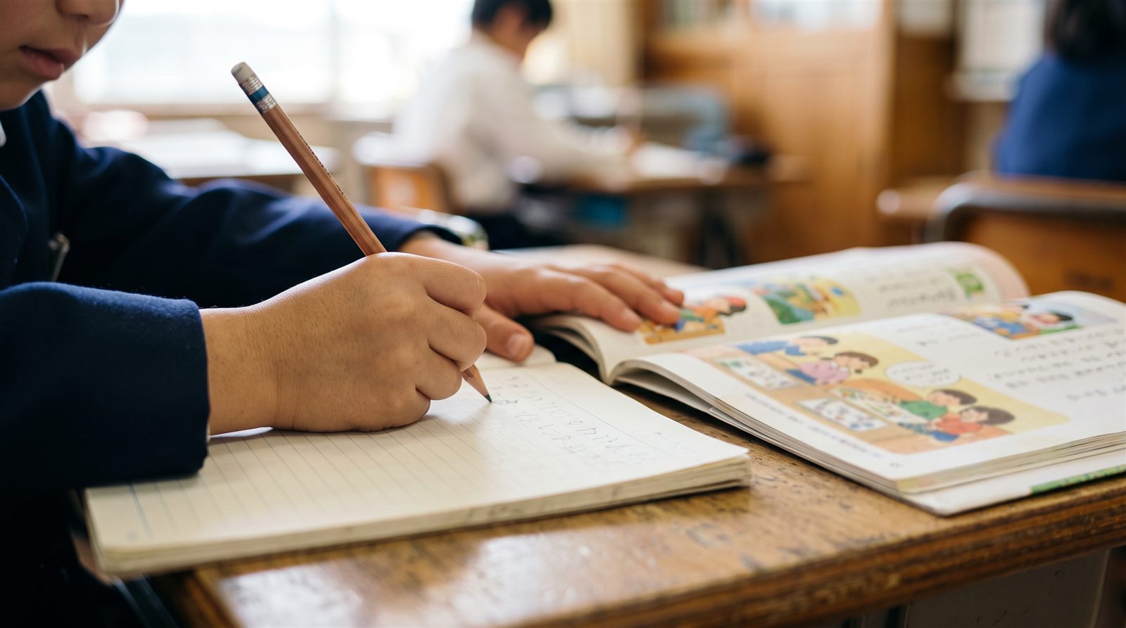 教室の机で小学生が教科書を開いて鉛筆でノートをとっている手元