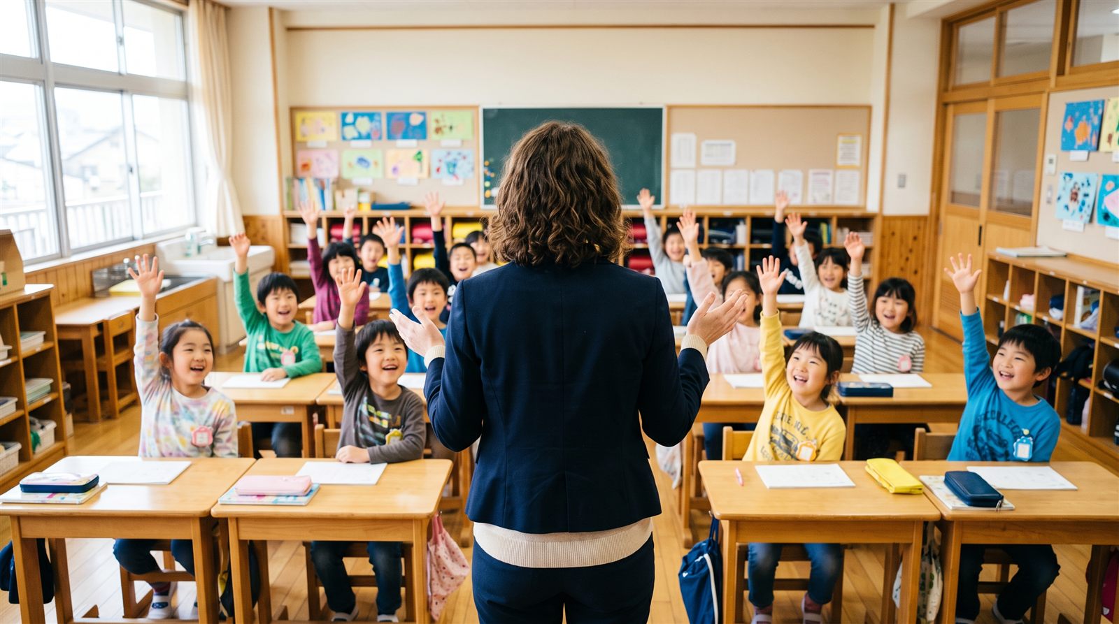日本の小学校の英語の授業で児童たちが笑顔で元気に手を挙げている