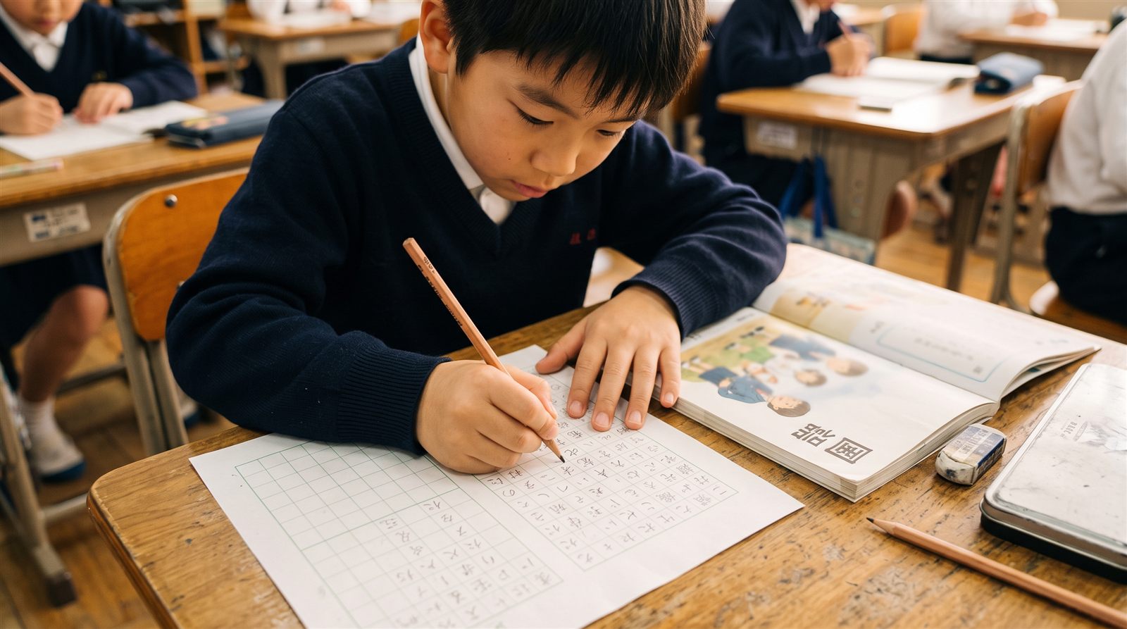 日本の小学生が国語の教科書と原稿用紙に向かい鉛筆を握って書いている手元