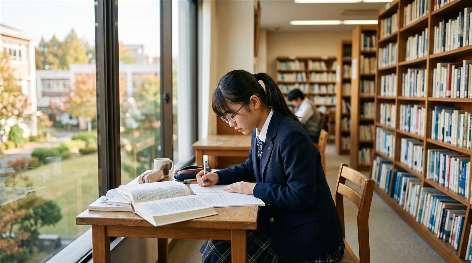 日本の高校の図書室で制服姿の高校生が参考書を広げて勉強している