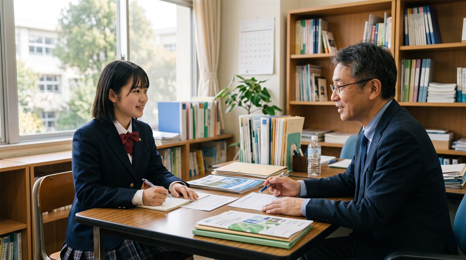 日本の高校の面談室で高校生と先生が進路の相談をしている